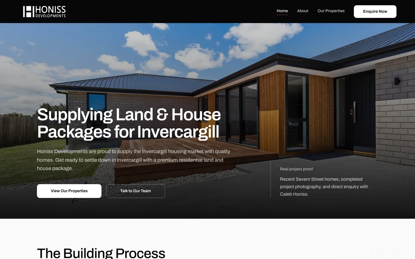 Screenshot of the Honiss Developments website homepage.